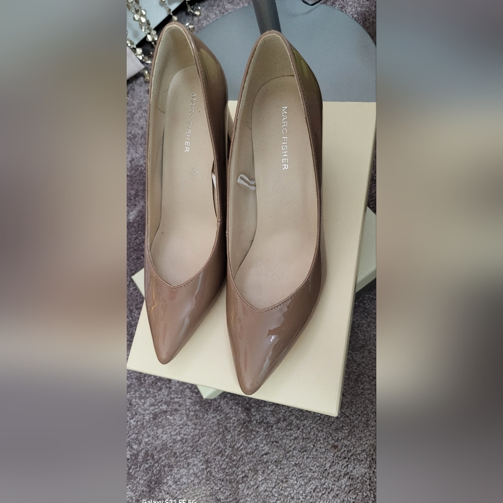 Marc Fisher Patent Pointed-Toe Pumps in Taupe